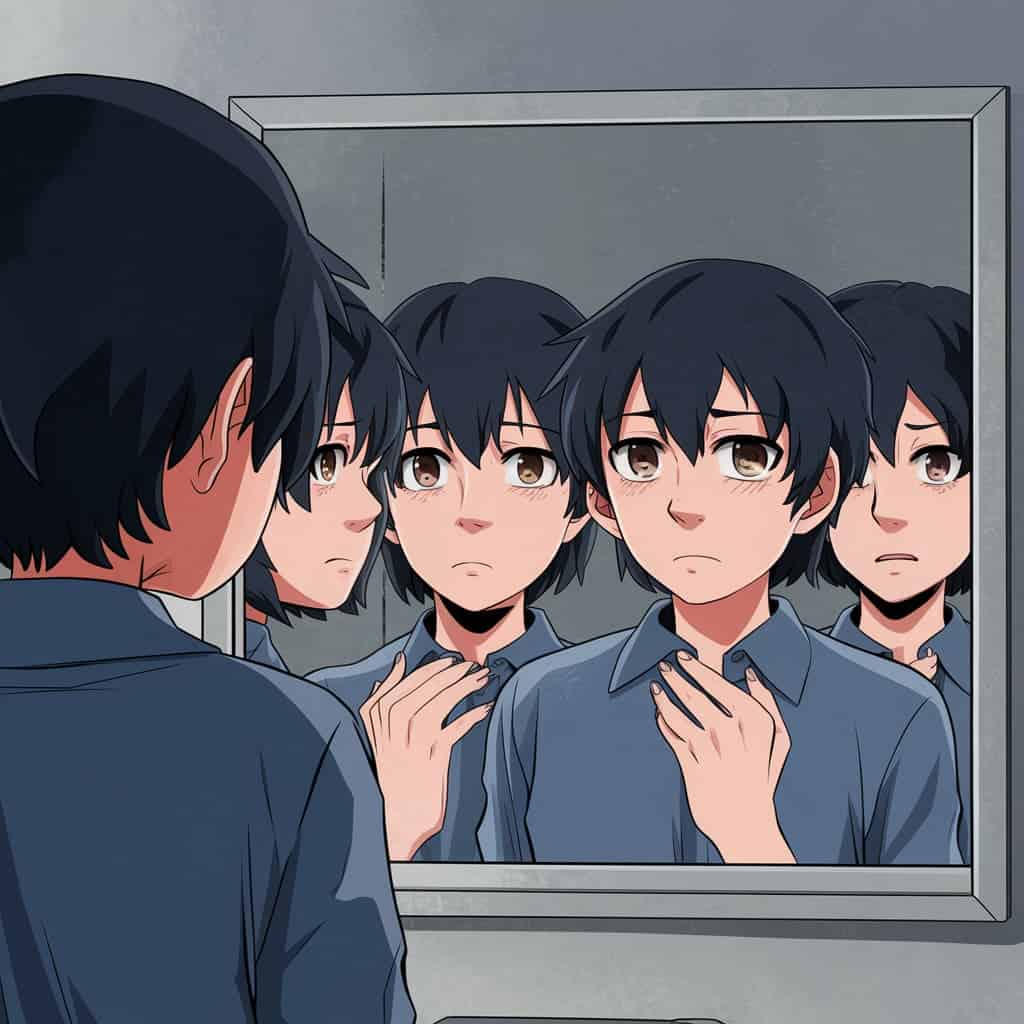 A mirror shows a person's repeated image. He appears troubled.