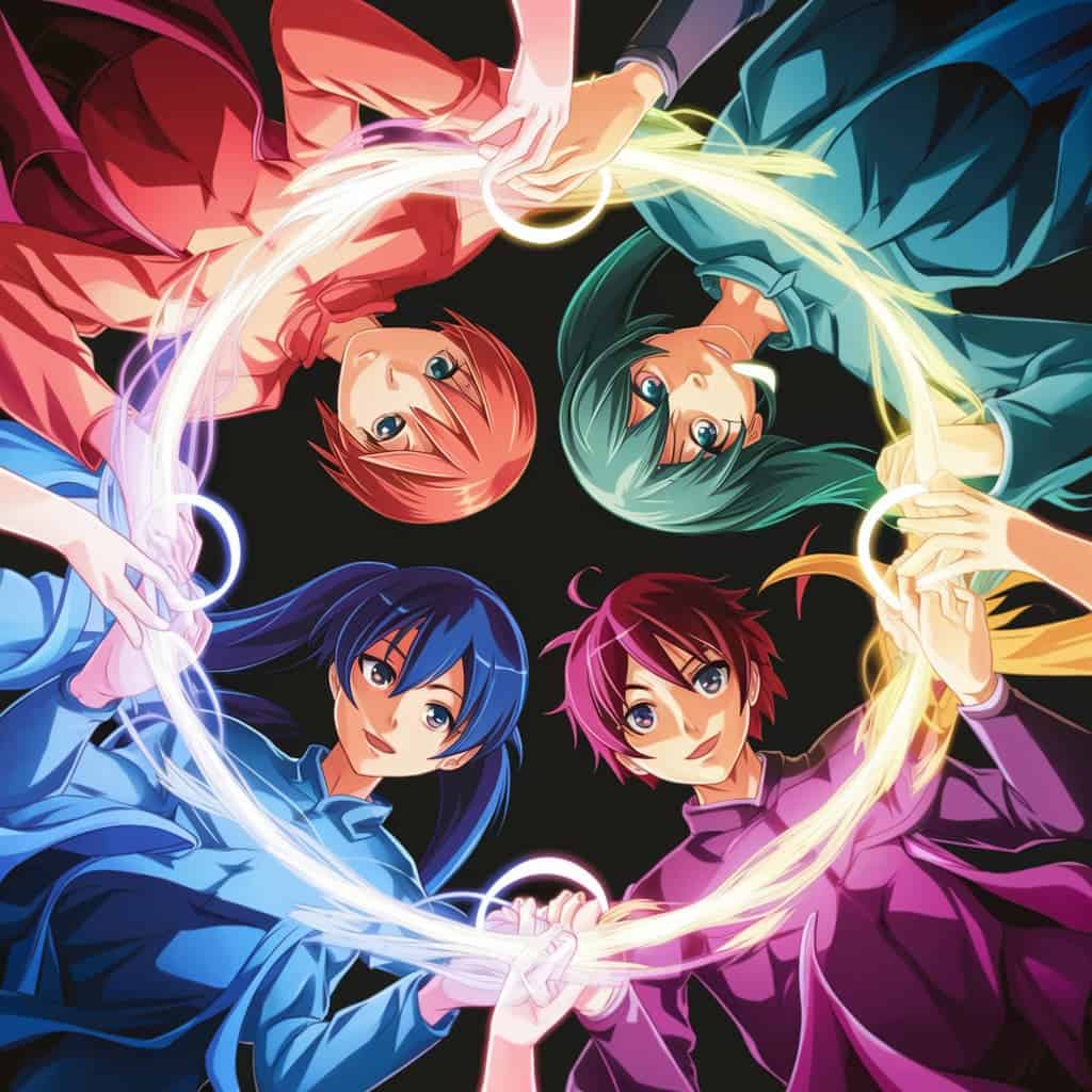 Four anime girls with vibrant hair, linked by glowing rings of light.