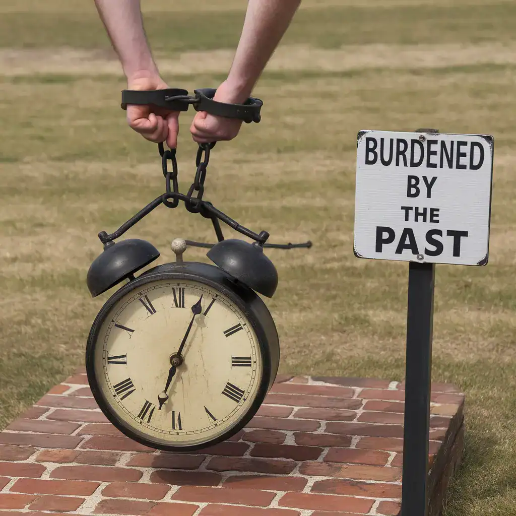 person shackled to a clock and a sign that says burdened by the past