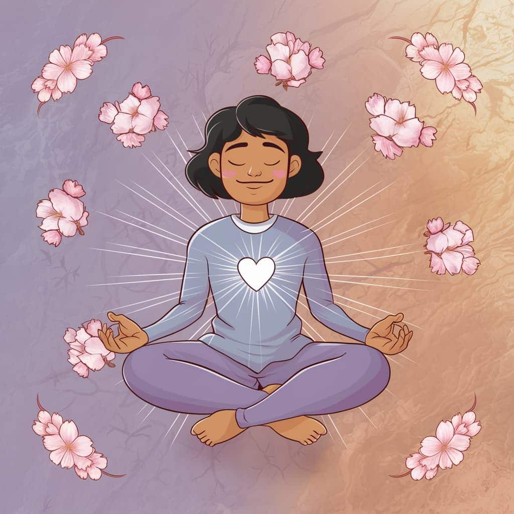 Young woman sits in lotus position; peaceful expression. self-esteem