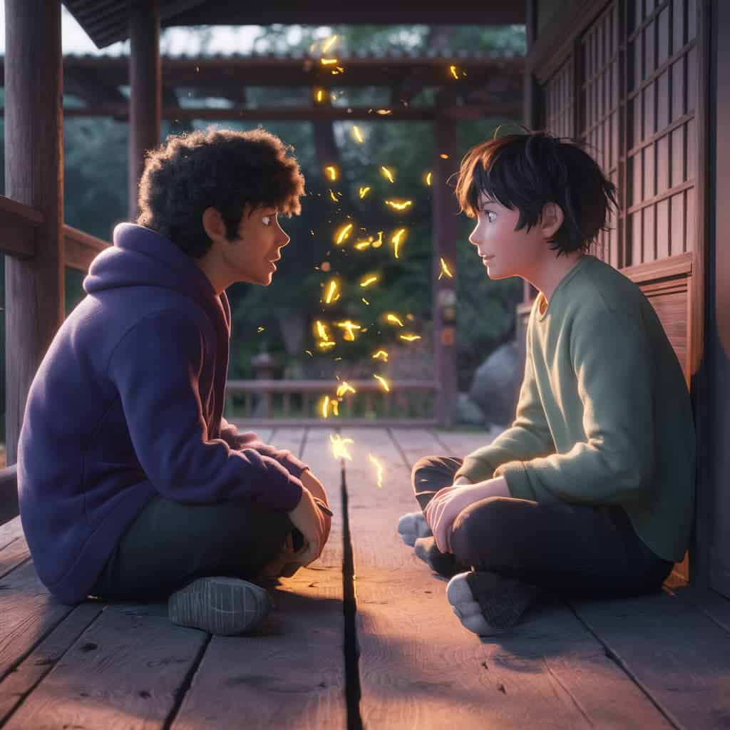 Two young people sit facing each other. Golden sparks float between them.