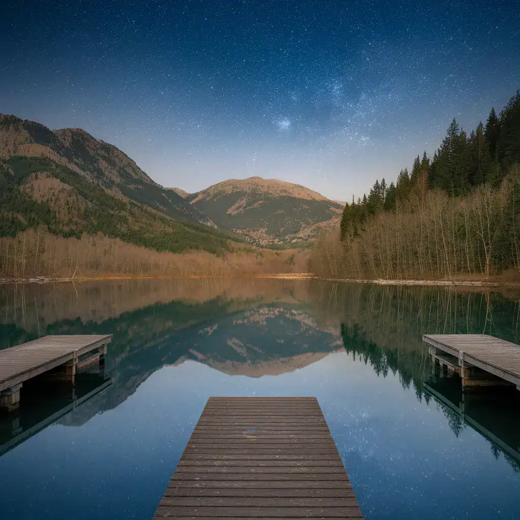 serene outdoor lake with mountains and stars in the sky