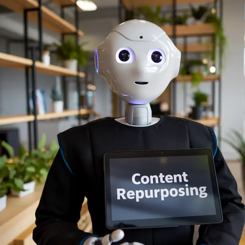 robot holding a content repurposing sign