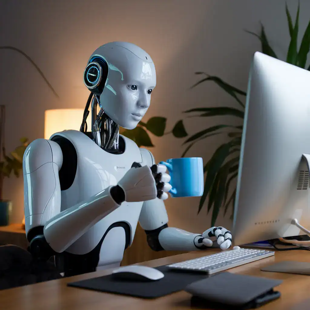 robot with coffee working through the night