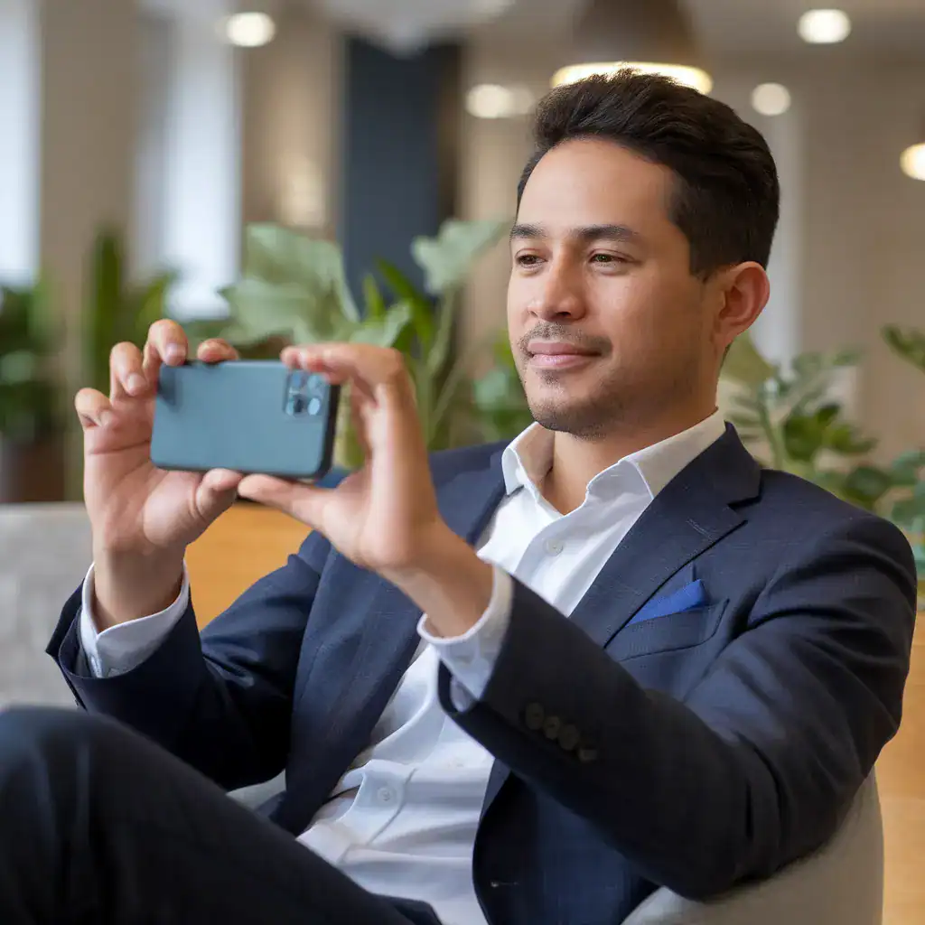 man in suit recording on phone looking relaxed