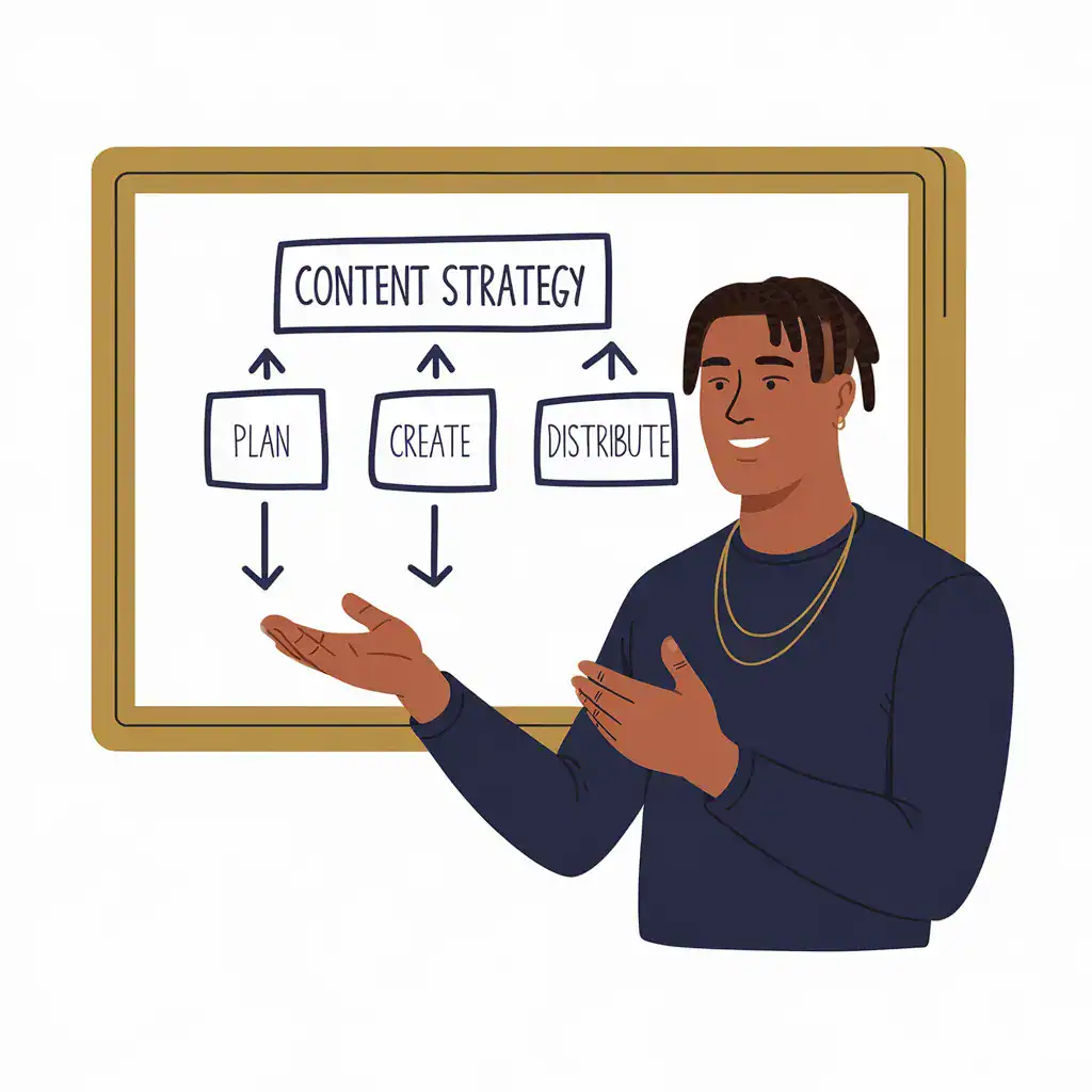 person pointing to a board titled content strategy with plan, create, and distrubute